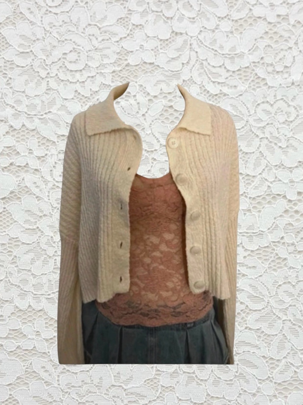collared cream knit cardigan with button front